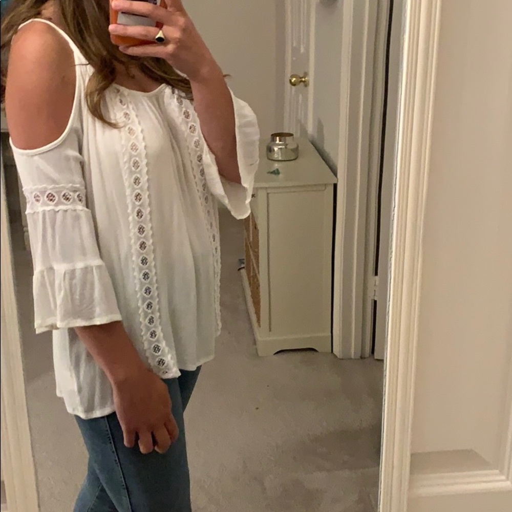 South Moon Under white open shoulder top with lace